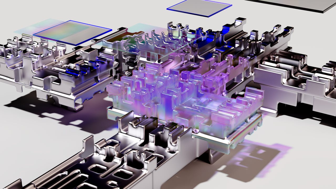 about-us-01 A futuristic 3D render showcasing abstract tech design with vibrant colors.